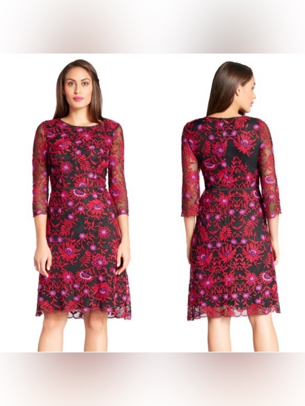 Adrianna Papell Black & Fuchsia Floral Lace Midi Dress